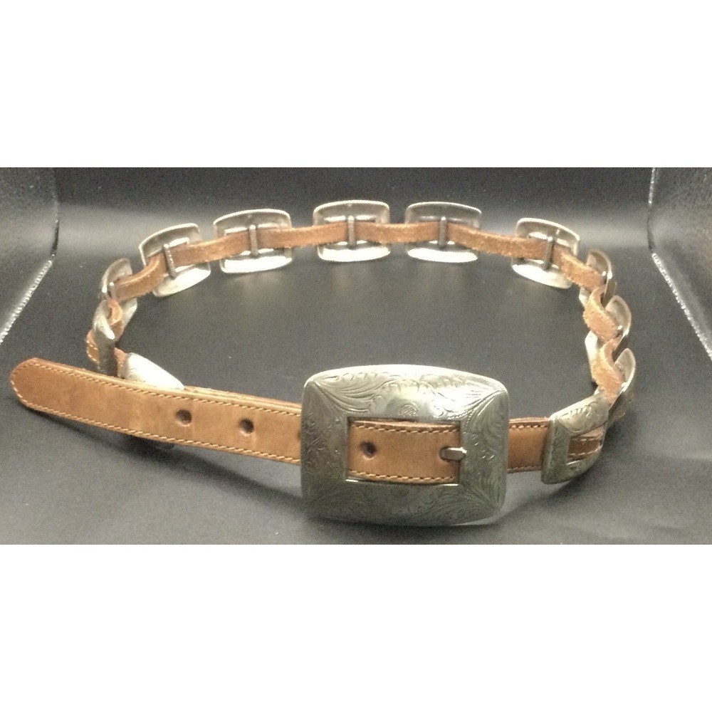 VTG Justin Concho Square Medallions Belt Brown Grain Leather Buckle 34"